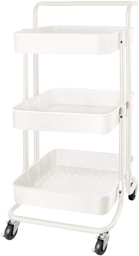 Buy Orchid 3-Tier Multiuse Kitchen Organizer Rack Storage Trolleys Removable Storage Tower Rack Bathroom Shelf with Wheels and armrest Slim Rolling Storage Rack | Rolling Cart with Wheels Handle (White) in UAE