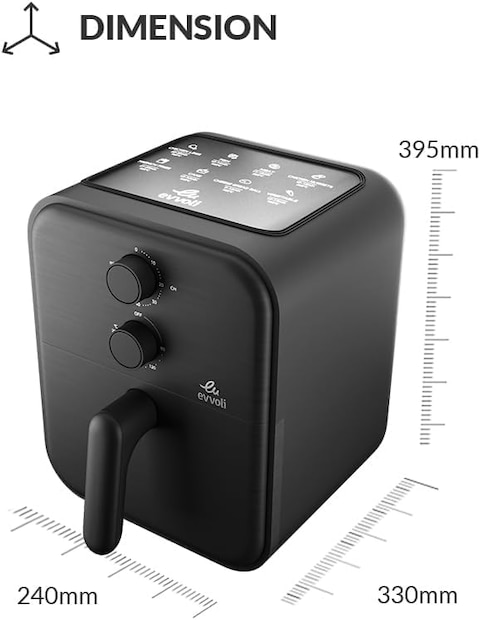 Evvoli Air Fryer 3.8L Timer And Adjustable Temperature Control Black, EVKA-AF3801B