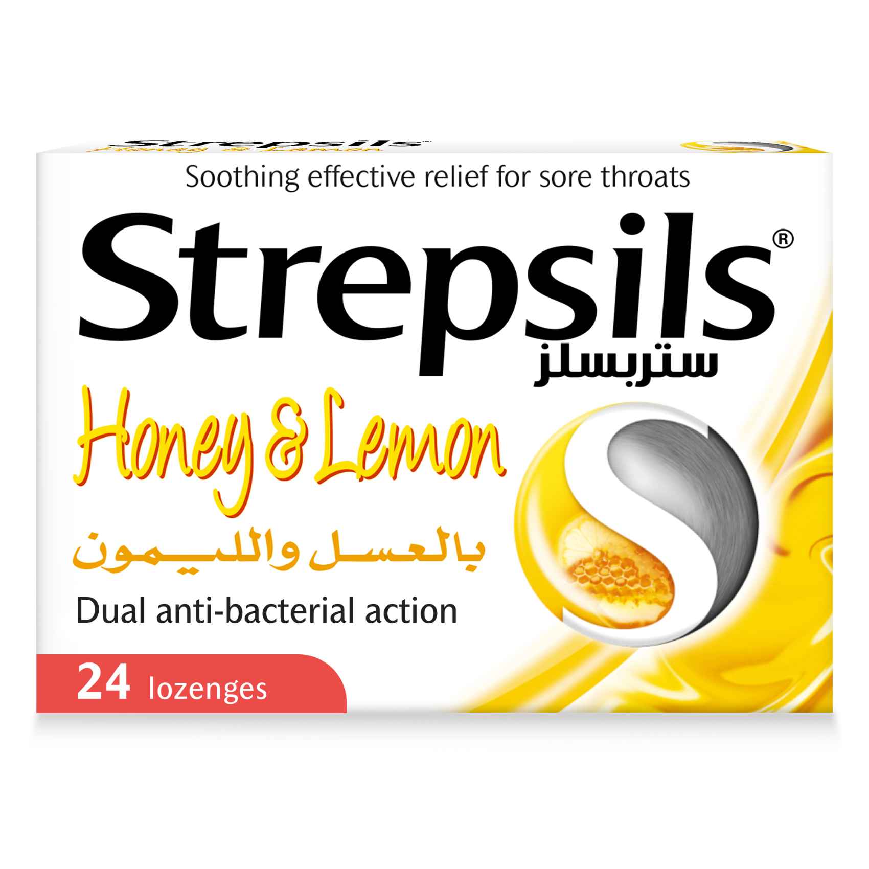 Strepsils Honey &amp; Lemon Dual Anti-Bacterial Action Fast Effective Relief from Sore Throats 24 Lozenges