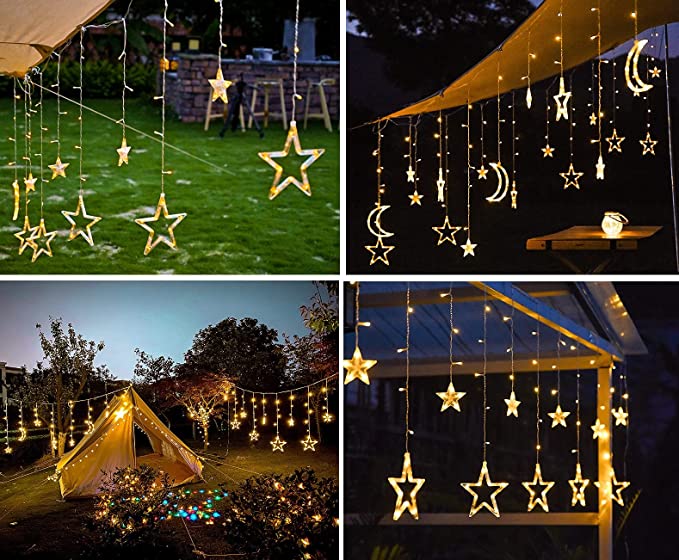 String Lights Moon Fairy String Lights Solar Powered Outdoor Curtain Window Lights Twinkle LED Star Lights for Backyard Garden Patio Home Party Holiday Ramadan Decoration (Warm light)