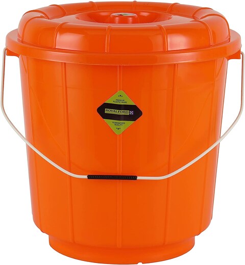 Royalford 13L Plastic Bucket With Lid- Rf11718 Multi-Purpose Utility Bucket With A Lid And Steel Handle Break-Resistant, Light-Weight, Durable Construction Perfect For Bathroom, Kitchen, Orange