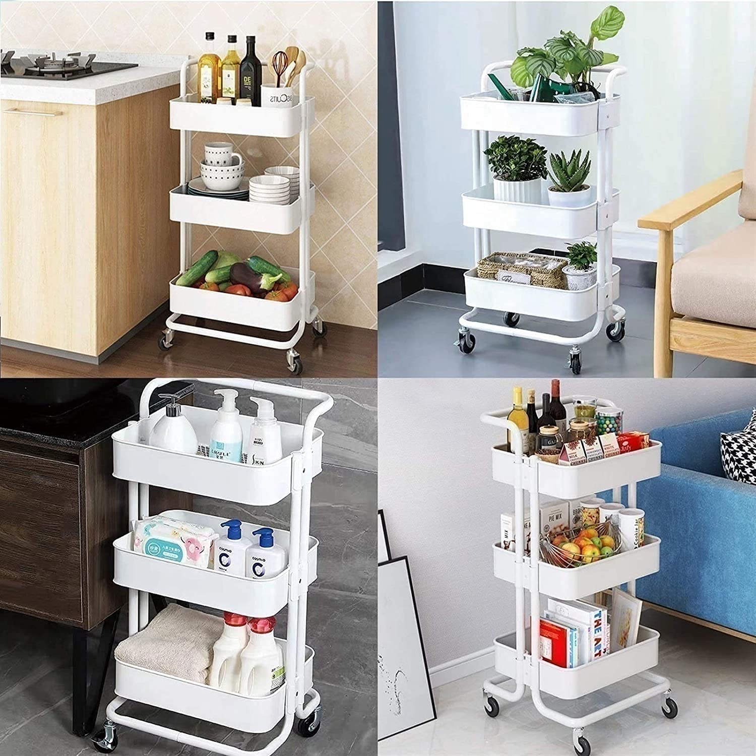 3-Tier Rolling Utility Carts Trolley Storage Cart with Handle Multifunctional Organization Cart with Brake Caster Wheels Kitchen Shelf Multifunctional Storage Rack with Net Basket Mass (White) Brand: