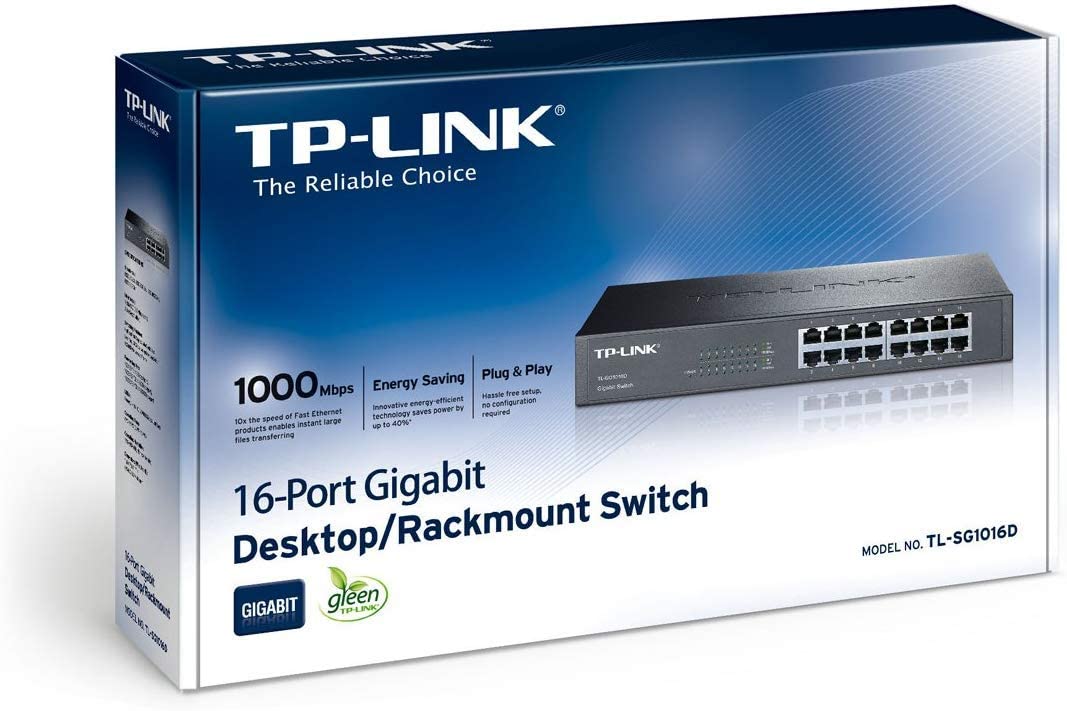 TP-Link 16-Port Gigabit Ethernet Unmanaged Switch, Plug and Play, Metal, Desktop/Rackmount, Fanless, Limited Lifetime - TL-SG1016D