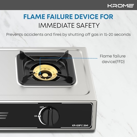 KROME Gas Stove 2 Burners, Auto Ignition, Double Brass Burners, LPG Gas Stove, Cast Iron Burner, Flame Failure Device, Enamel Square Pan Support, CE Approved, Stainless Steel Body - KR-GSFC2041