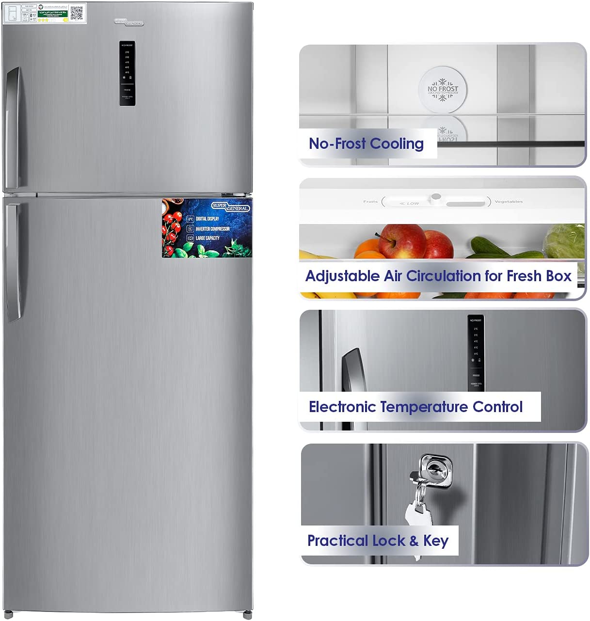 Super General 479L Net Capacity Double Door Refrigerator, Inox, SGR615I