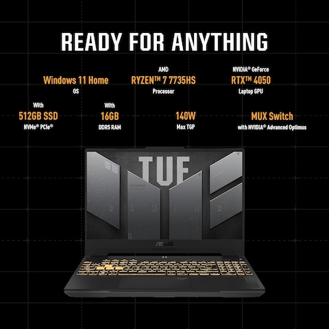 Asus TUF Gaming A15 FA507NU-LP031W Mecha Gray, Gaming Laptop, AMD R7 7735HS 16GB 512GB SSD, NV RTX4050, 6GB Graphics,Win11 Home, 15.6 Inch FHD 1920X1080 144Hz, HD Webcam, Backlit-RGB-Eng-Arb-KB