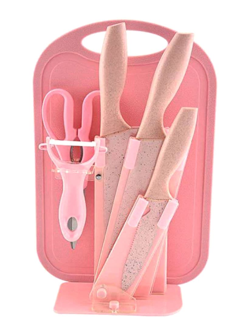 Buy 7-Piece Wheat Straw Kitchen Knife With Cutting Board Set Pink ...