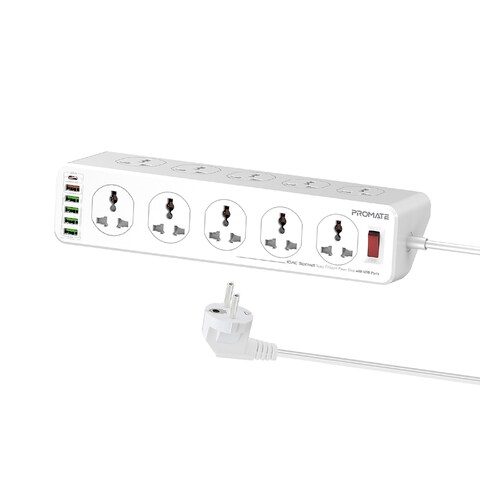 Promate Power Strip, Heavy-Duty Universal 10 Way Outlets Power Plug Extension with 20W USB-C Power Delivery Port, 18W QC 3.0 Port, 32W 4 USB Charging Ports and 3M Cord Length, PowerMatrix-3M EU Plug