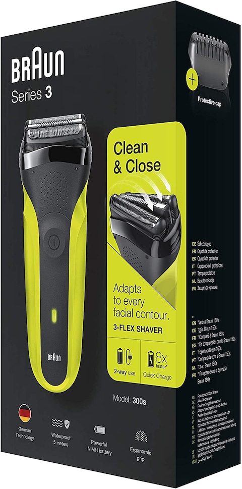 Braun Series 3 300 Electric Beard Shaver With 3 Flexible Blades, Rechargeable And Wireless, Washable Foil Electric Shaver, Black/Green Electric