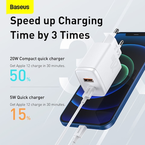 Baseus 20W USB C PD Fast Charger Dual Port Type-C Quick QC3.0 Wall Adapter EU Plug White