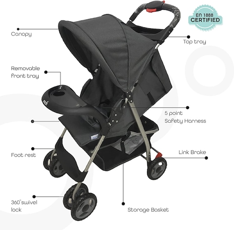 Moon Bezik One Hand Fold Travel Stroller/Pram Suitable For Newborn/Infant/Baby/Kids With Dual Tray, Leg Rest, Multi-Postion Reclining Seat Suitable For 0 Months+ (Upto 24 Kg), Black + Grey Dots