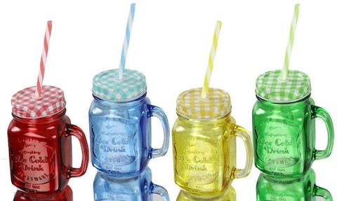 Mason Jars 4 pcs sett,Canning Jars with Sealed and Straw Lid, Ideal for Juice, Jam, Honey and Mojito, Wedding Favors, Shower Favors, Baby Foods