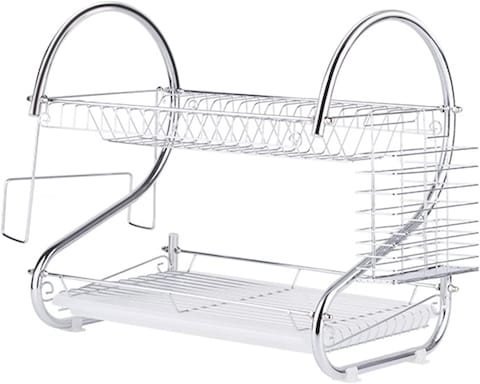 Aoguzhao 2 Tier Stainless Steel Dish Rack Metal Dish Drainer With Removable Drain Board And Utensil Holder Cup Holder Dish Drainer For Kitchen Counter Top
