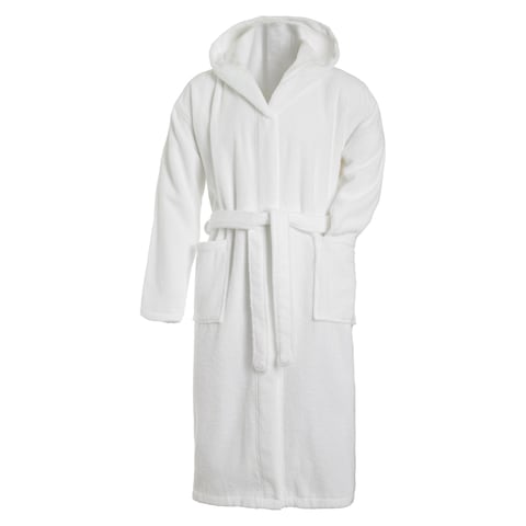 Fabienne Unisex Turkish Terry Cotton Hooded Bathrobe White Long Sleeve with Pockets