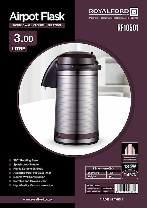 Royalford Royalford Airpot Glass Vacuum Flask 3 Litre, Multicolor