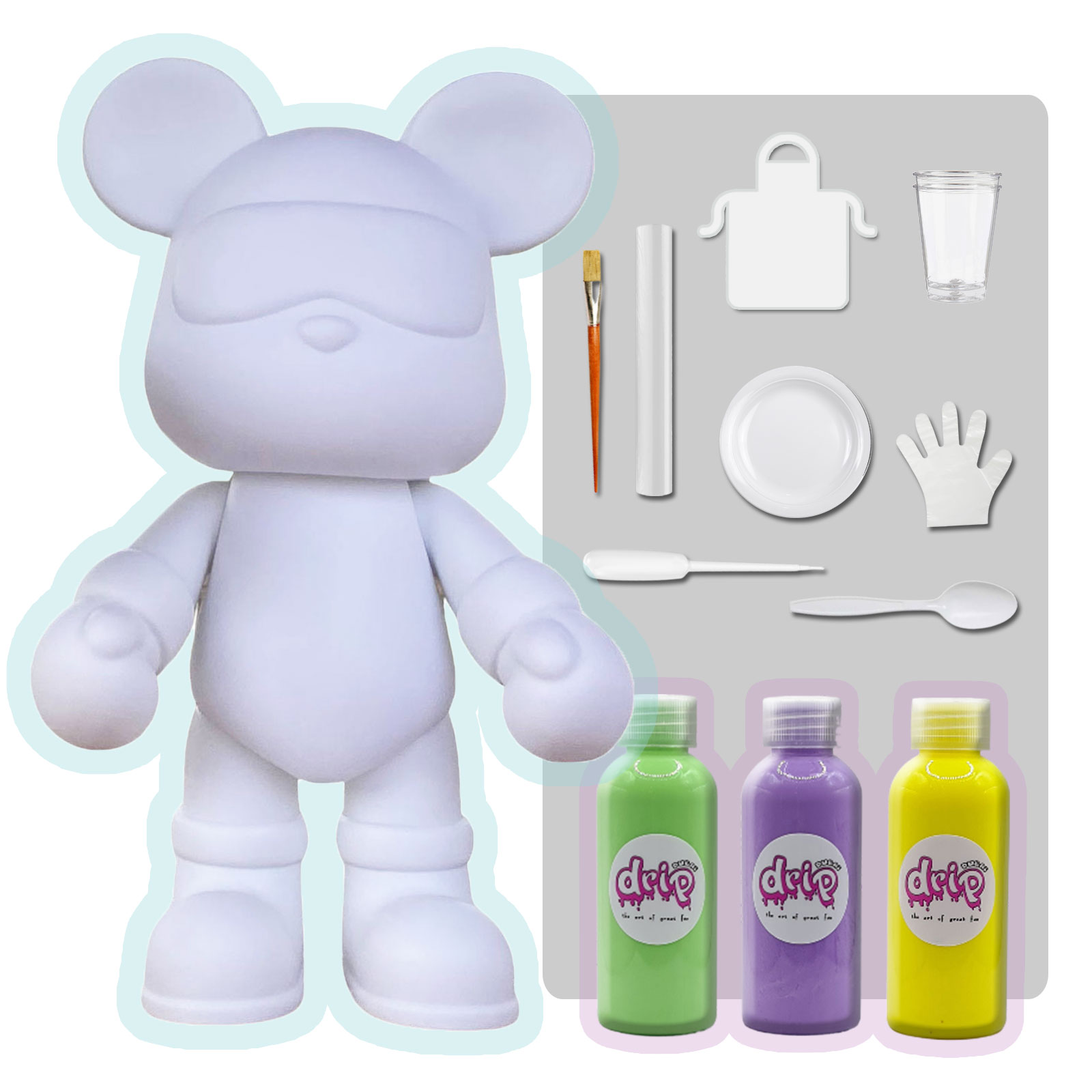 COOL BEAR COIN PIGGY BANK FIGURE (9 inch - 23 cm) ACRYLIC DRIP POUR PAINT COMPLETE KIT, Colors: Mint-Green, Light-Purple, Lemon-Yellow. Acrylic Rich Pigments Fluid Flow Paint, Arts and Crafts.