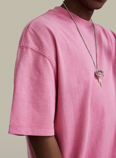Mei Stylish Unisex Vintage Casual Loose Shoulder Oversize Crew Neck T-shirt, L Size, Pink