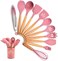 LIYING Cooking Utensils Set, 12 Pcs  Silicone Kitchen Tool Set Non-Stick Heat Resistant Silicone Cookwares with Holder &amp; Wooden Handle, Kitchen Gadgets Cookware and Spatula Utensil Set(Pink)