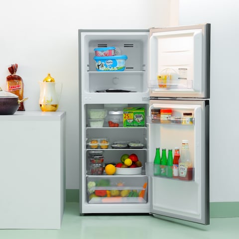 Geepas 180 L Double Door Total No-Frost Refrigerator- GRF2522SXN  Multi-Airflow with Faster and Deep Cooling  LED Interior Light and Unbreakable Glass Shelves,   Metallic Grey  2 Years Warranty